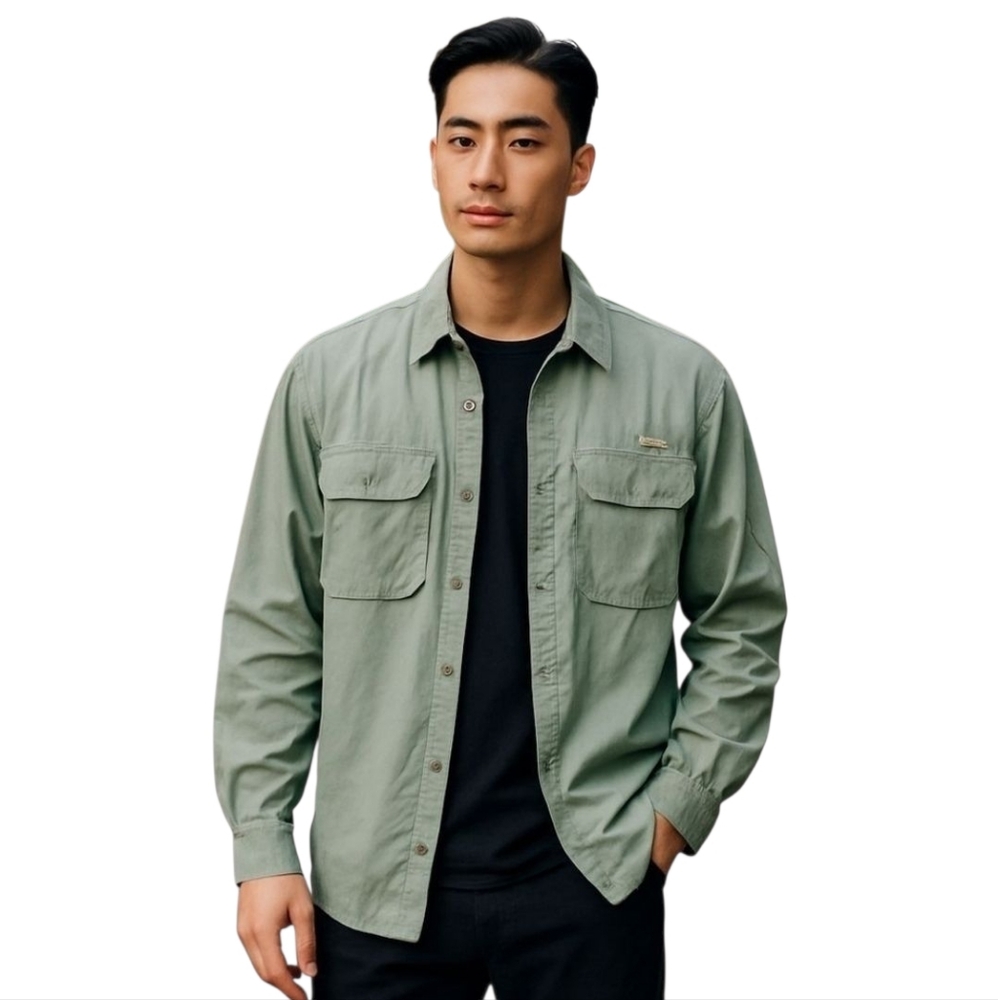 World wide sportsman green nylon button down long sleeve fishing shirt sze large